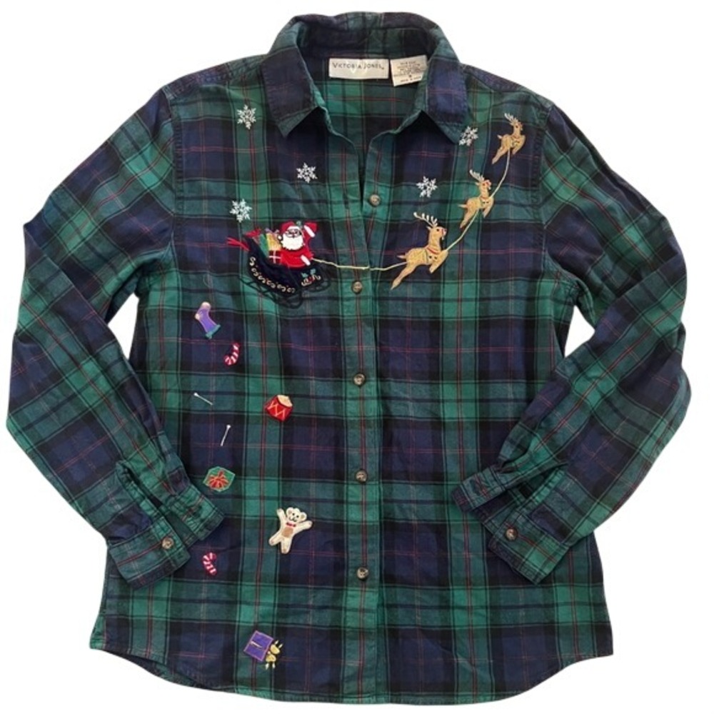 Victoria Jones Christmas Plaid Embroidered Shirt Santa Reindeer Green Blue S